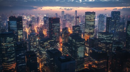 Aufkleber - A nighttime cityscape with illuminated high-rise buildings, capturing the energy and dynamism of a large urban center.