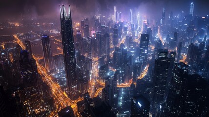 Aufkleber - A nighttime cityscape with illuminated high-rise buildings, capturing the energy and dynamism of a large urban center.