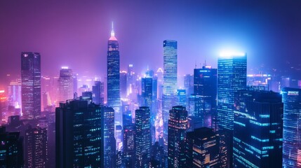 Aufkleber - A nighttime cityscape with illuminated high-rise buildings, capturing the energy and dynamism of a large urban center.