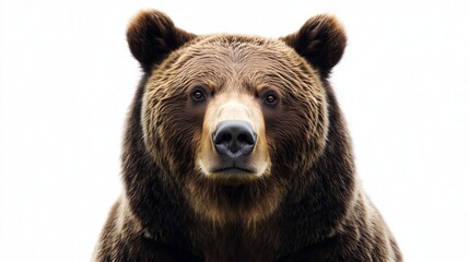 Wall Mural - A close up, realistic of a grizzly bear with a commanding gaze, positioned on a vivid white background. The lighting is soft and even, capturing the fine details of the bears fur