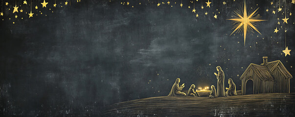 Wall Mural - hand-drawn nativity silhouette with christmas star on dark gray and gold background for text or logo