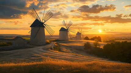 Canvas Print - Windmills at Sunset in a Rural Landscape