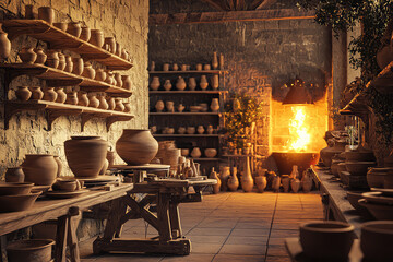 Explore the Enchantment of a Rustic Pottery Studio Alive with Craftsmanship and the Warmth of Artisan Tradition.