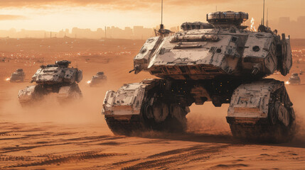 the war of the future in the style of Sci-Fi, robots on tanks