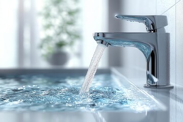 photorealistic vector illustration of water flowing from sleek modern faucet crisp lines and dynamic splash capture essence of motion isolated on white background for versatile graphic design use