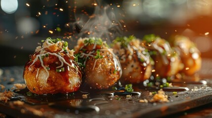 An enticing display of fried dishes ready to be served with a drizzle of sauce and garnished with he