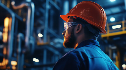 Wall Mural - Industrial worker in a hard hat and safety glasses inspecting machinery in a manufacturing plant during the night shift.