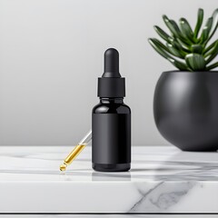 a premium product image with an essential oil bottle with a matte black label and a dropper