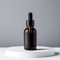 a premium product image with an essential oil bottle with a matte black label and a dropper