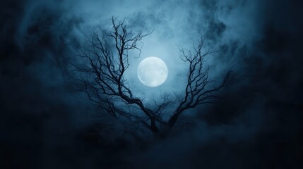 this dramatic image showcases the full moon shining brightly behind a barren tree against a dark, cl