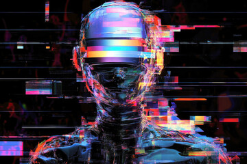 Wall Mural - A futuristic cyber figure with glitched elements, occupying a dark and abstract space, representing digital disruption.