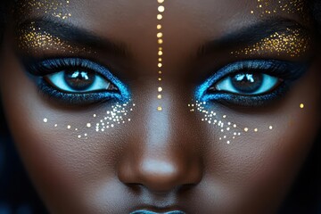 regal afrofuturism portrait striking closeup of african woman with intricate black body art adorned with futuristic metallic accessories