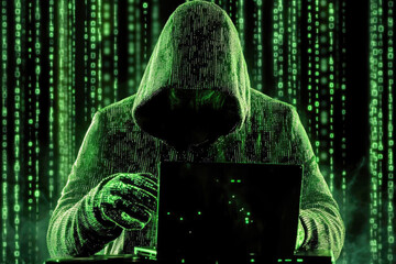 A stealthy hacker in a hooded jacket working on a laptop, illuminated by green binary code surrounding them.