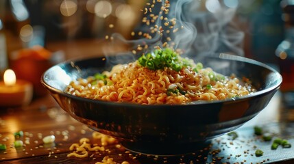 A close-up of a plate full of pasta with cheese and garnish,