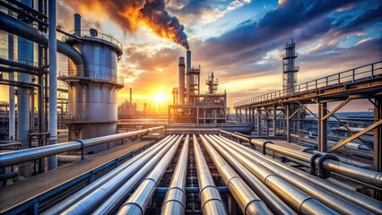 Poster - Large industrial gas pipelines in a modern refinery at sunrise  render, refinery, industrial, gas, pipelines, large