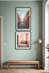 A framed poster with an Urban landscapes displayed on a wall in a hallway, with two wooden benches in the foreground, nature, industrial, sidewalk, snow, concept, wallpaper, background, stylish, moder