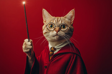 A cat dressed as a wizard, holding a magic wand