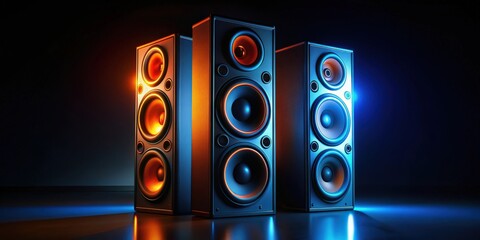 Speaker system glowing in blue and orange lighting on black background, rendering, Speaker, system, black, background, blue, orange