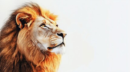 Wall Mural - A detailed, artistic illustration of a lion with a serene expression, positioned on a bright white background. The clean, minimalist setting emphasizes the lions majestic