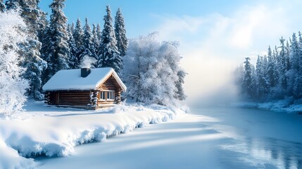 Winter wonderland log cabin snow-covered trees frozen river smoke chimney cool blues