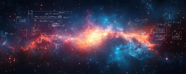 cosmic equations: a stellar nebula with handwritten mathematical formulas illustration