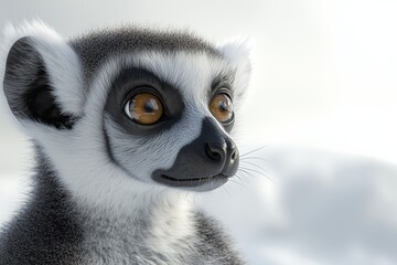 Wall Mural - A dynamic 3D of a lemur in a close up view, displaying its charming and curious nature. The lemur is set against a stark white background with smooth, bright lighting that