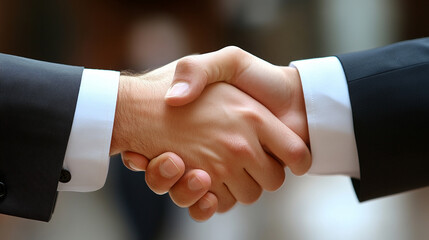 Wall Mural - businessmen confidently shaking hands in a modern office setting, symbolizing partnership, trust, and successful business collaboration, with a cityscape visible in the background