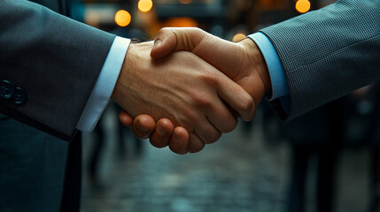 Wall Mural - businessmen confidently shaking hands in a modern office setting, symbolizing partnership, trust, and successful business collaboration, with a cityscape visible in the background