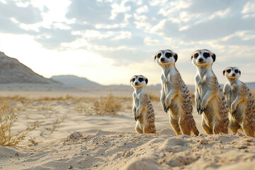 A group of meerkats on alert, showcasing their curious nature against a breathtaking desert backdrop filled with soft sunlight.