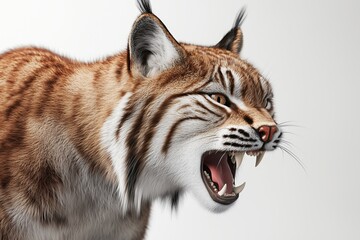 Wall Mural - A dynamic 3D of a lynx in a close up view, displaying its fierce and commanding nature. The lynx is set against a stark white background with smooth, bright lighting that
