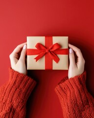 A cozy scene featuring a person holding a beautifully wrapped gift with a red ribbon against a vibrant red background.