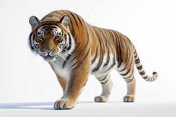 Wall Mural - A dynamic 3D of a tiger in a strong stance, displayed against a clean, bright white backdrop. The lighting is smooth and even, highlighting the tigers muscular form and intricate