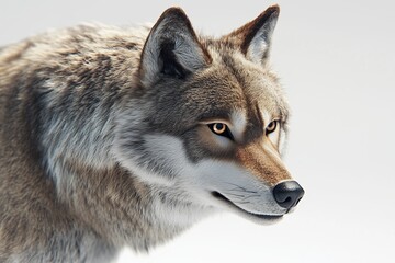 Wall Mural - A dynamic 3D of a wolf in a close up view, displaying its fierce and commanding nature. The wolf is set against a stark white background with smooth, bright lighting that