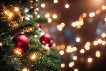 Wall Mural - Christmas Tree With Baubles And Blurred Shiny Lights