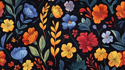 Wall Mural - Vibrant Floral Pattern on Dark Background