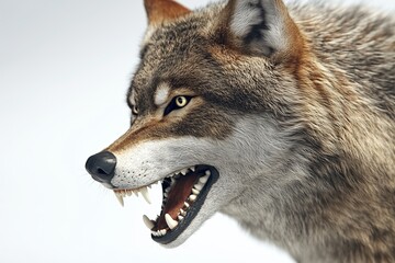 Wall Mural - A dynamic 3D of a wolf in a close up view, displaying its fierce and commanding nature. The wolf is set against a stark white background with smooth, bright lighting that