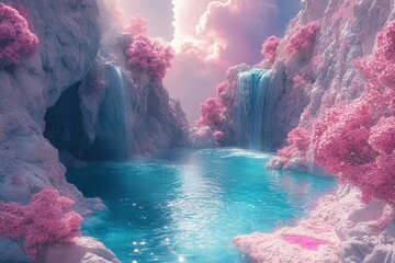 Wall Mural - surreal aerial view of alien planet landscape vibrant pools of turquoise and magenta liquids surrounded by otherworldly flora ethereal atmosphere with swirling pastel clouds in lavender sky