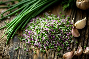 Close up of a seasoning blend featuring chopped chives and red onions, creating a vibrant culinary display