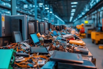 A large heap of electronic devices and components lies ready for processing in an extensive electronics recycling plant, highlighting modern waste management and recycling efforts.