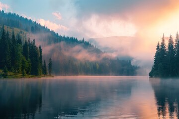 Poster - Misty Mountain Lake at Sunrise