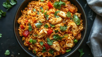 Wall Mural - A bowl of arroz con pollo, colorful and rich with chicken and vegetables, viewed from the top