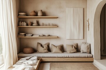 Wall Mural - Serene Japandi Reading Nook with Low Seating and Light Wood Shelving in Neutral Tones, Side Shot of a Cozy and Inviting Space