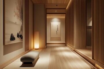 Wall Mural - Serene Japandi Hallway with Neutral Decor, Soft Lighting, and Minimalist Aesthetics