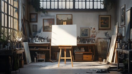 Sticker - white easel in a cluttered art studio, bathed in the gentle light