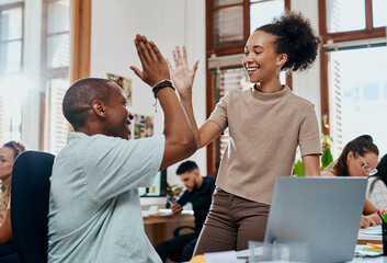Fototapete - Happy people, business and laptop with high five for teamwork, success or winning at office. Excited, young employees or colleagues for motivation, collaboration or promotion on computer at workplace