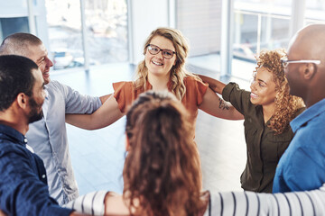 Poster - Office, team building and huddle together in support for teamwork, collaboration and motivation at startup. Work, goals and diversity, group of people with business growth and creative staff embrace