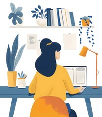 Wall Mural - Woman Working on Laptop at Home Office Illustration