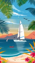 Tropical Island Sunset Landscape with Sailboat