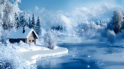 Winter wonderland frozen river snow-covered trees log cabin smoke chimney cool blues