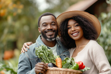 A couple of middle-aged africans joyfull people with the harvest from their autumn garden.  Gardening peoples.